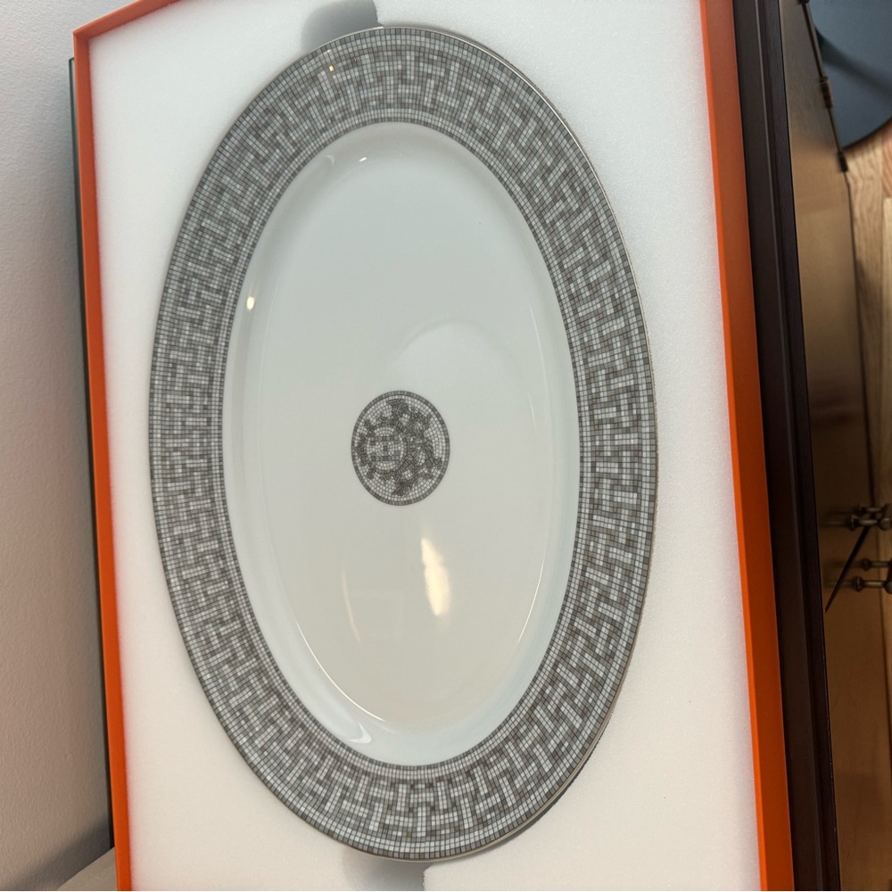 Brand new Hermes dish in box. Never used. White and grey.